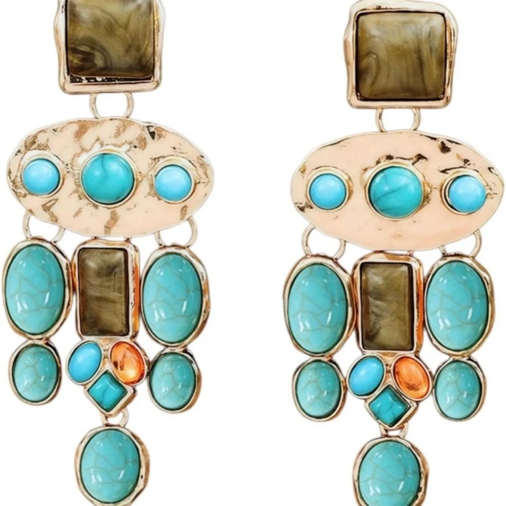 Vintage Boho Gold Turquoise Statement Drop Earrings new